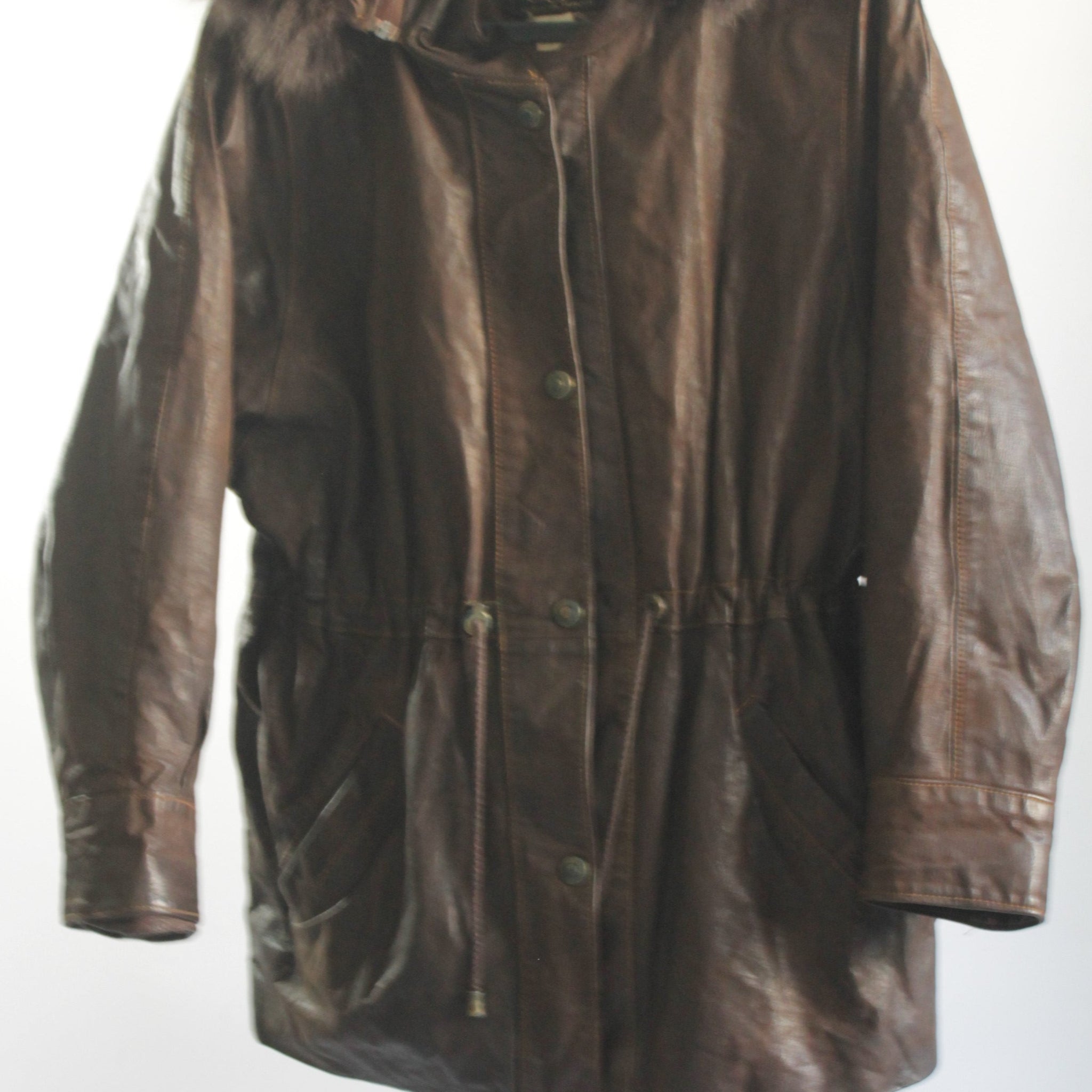 80's Brown Leather Coat with Fur Hood (Women)