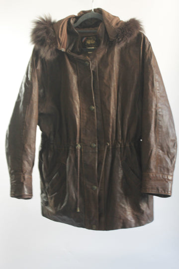 80's Brown Leather Coat with Fur Hood (Women)