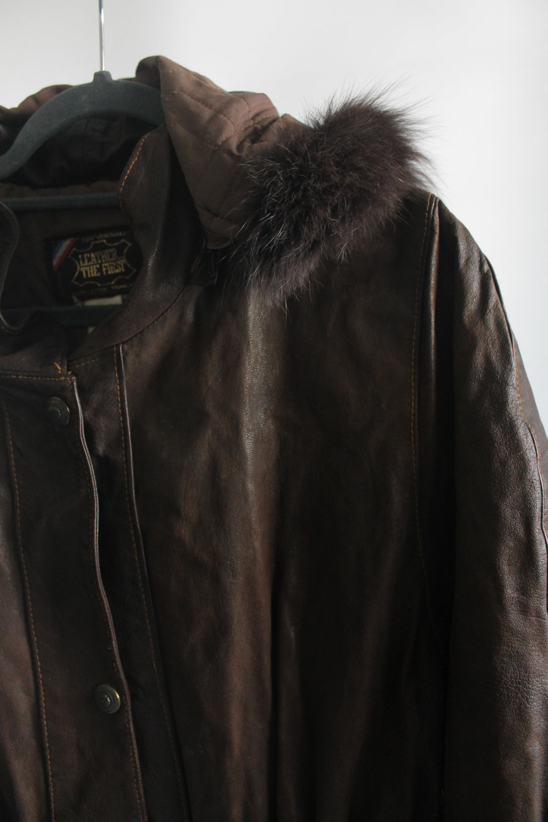 80's Brown Leather Coat with Fur Hood (Women)