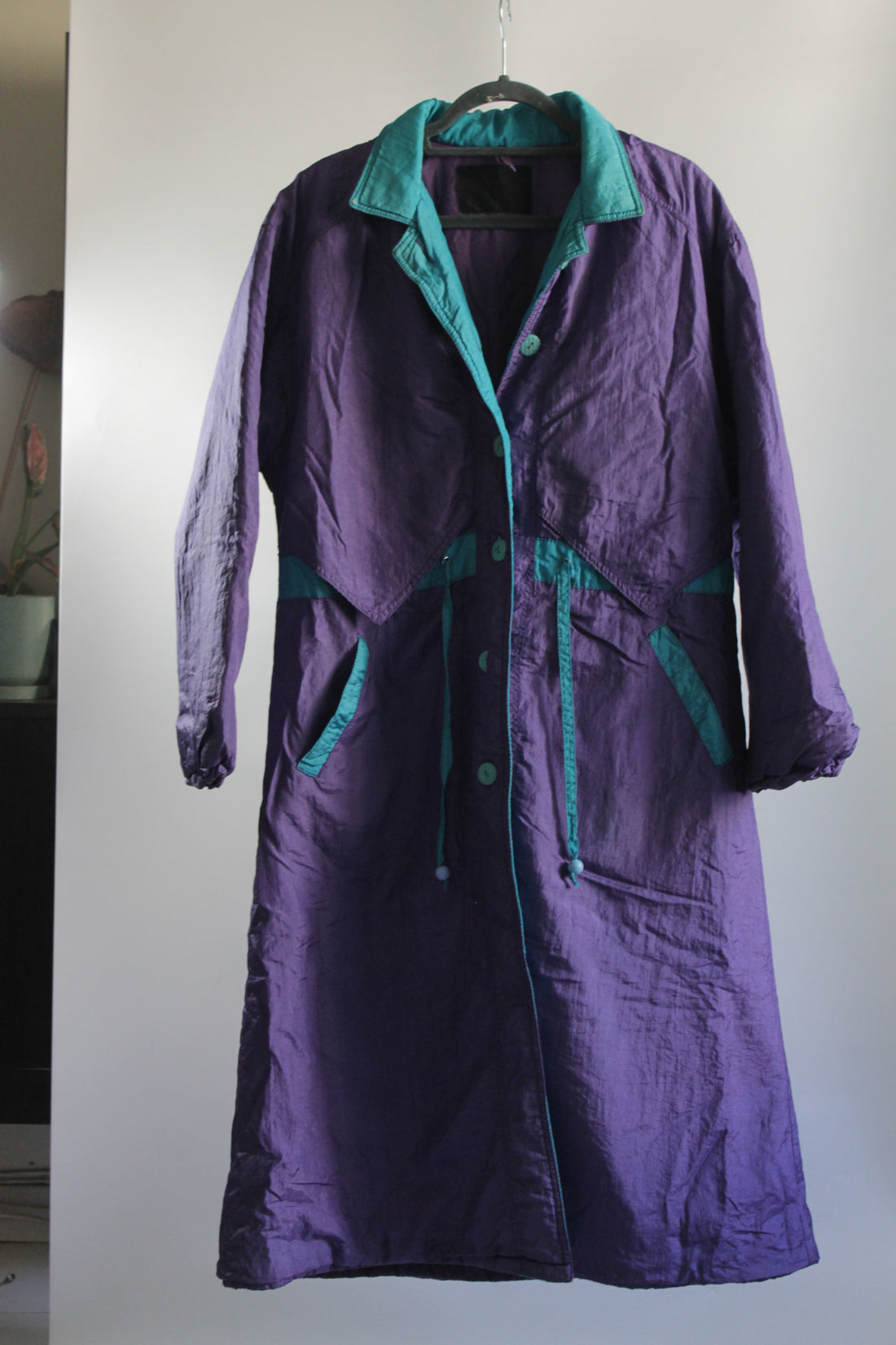 80's Nylon Trench Coat, Sage Turquoise - Unisex