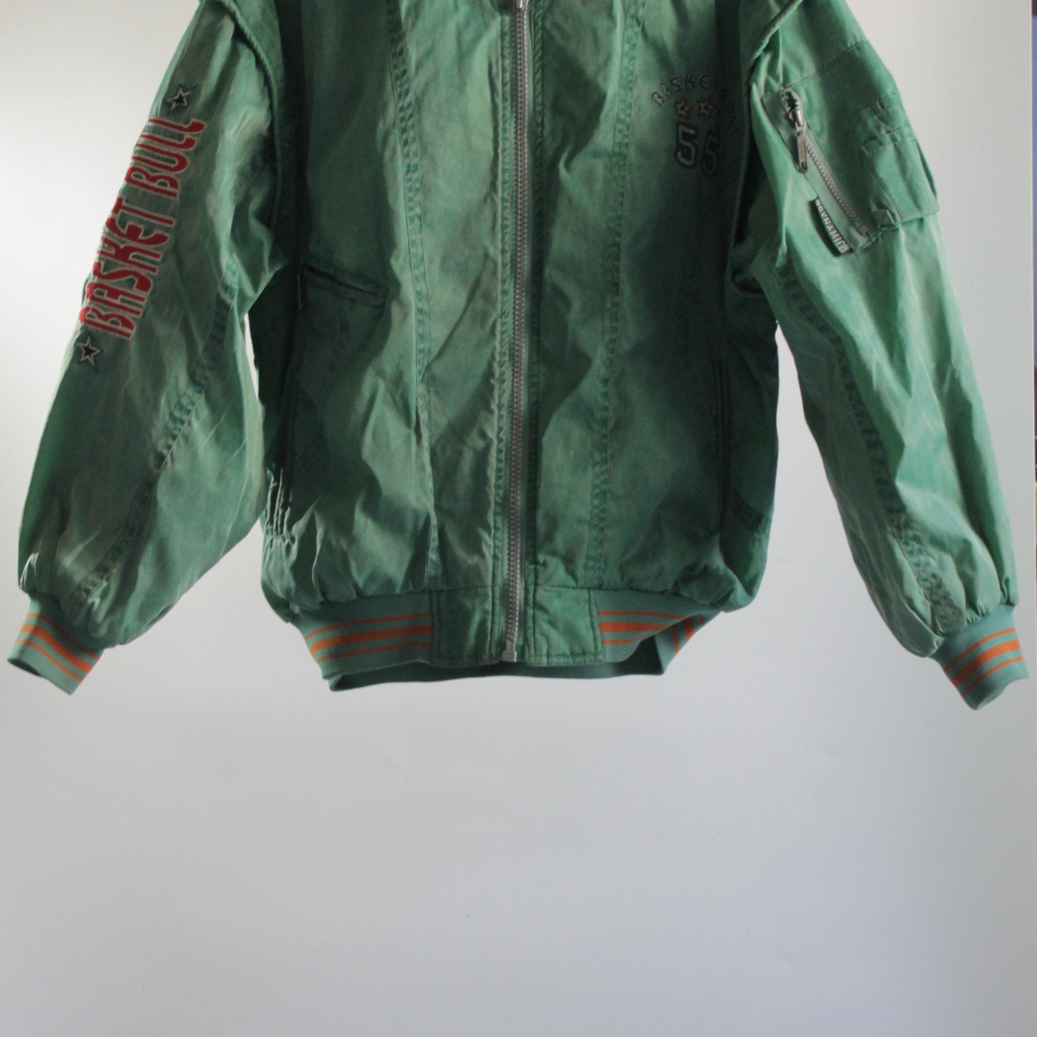 80's Green Bomber Jacket with Embroidered Patches - Unisex