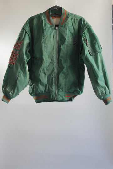 80's Green Bomber Jacket with Embroidered Patches - Unisex