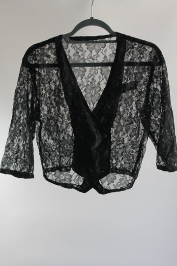 90's Black Lace Cropped Cardigan with Buttons - Women