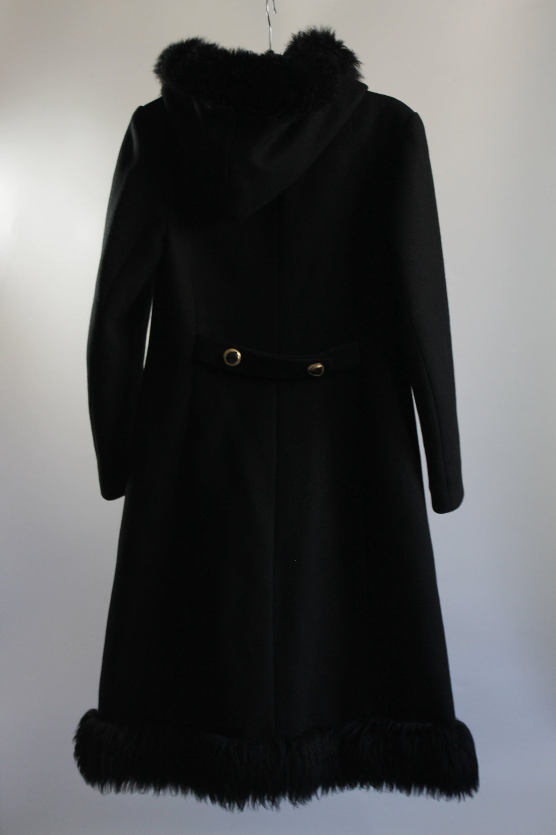 70's Vintage Israeli Black Wool Maxi Coat with Fur Hood