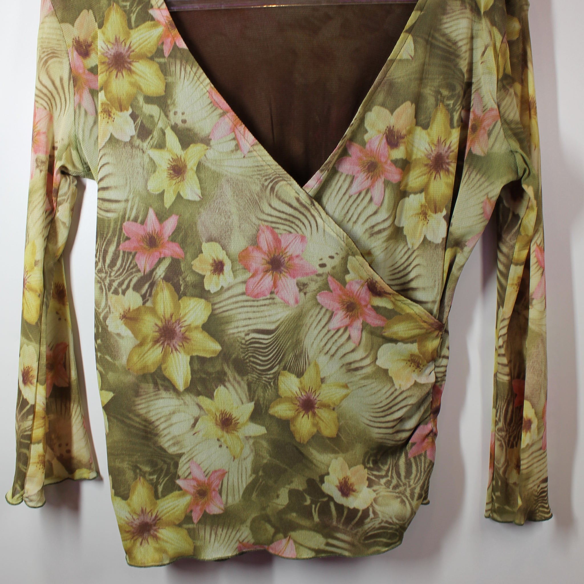 Women's V-Neck Green and Pink Floral Top