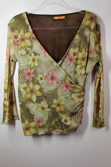 Women's V-Neck Green and Pink Floral Top