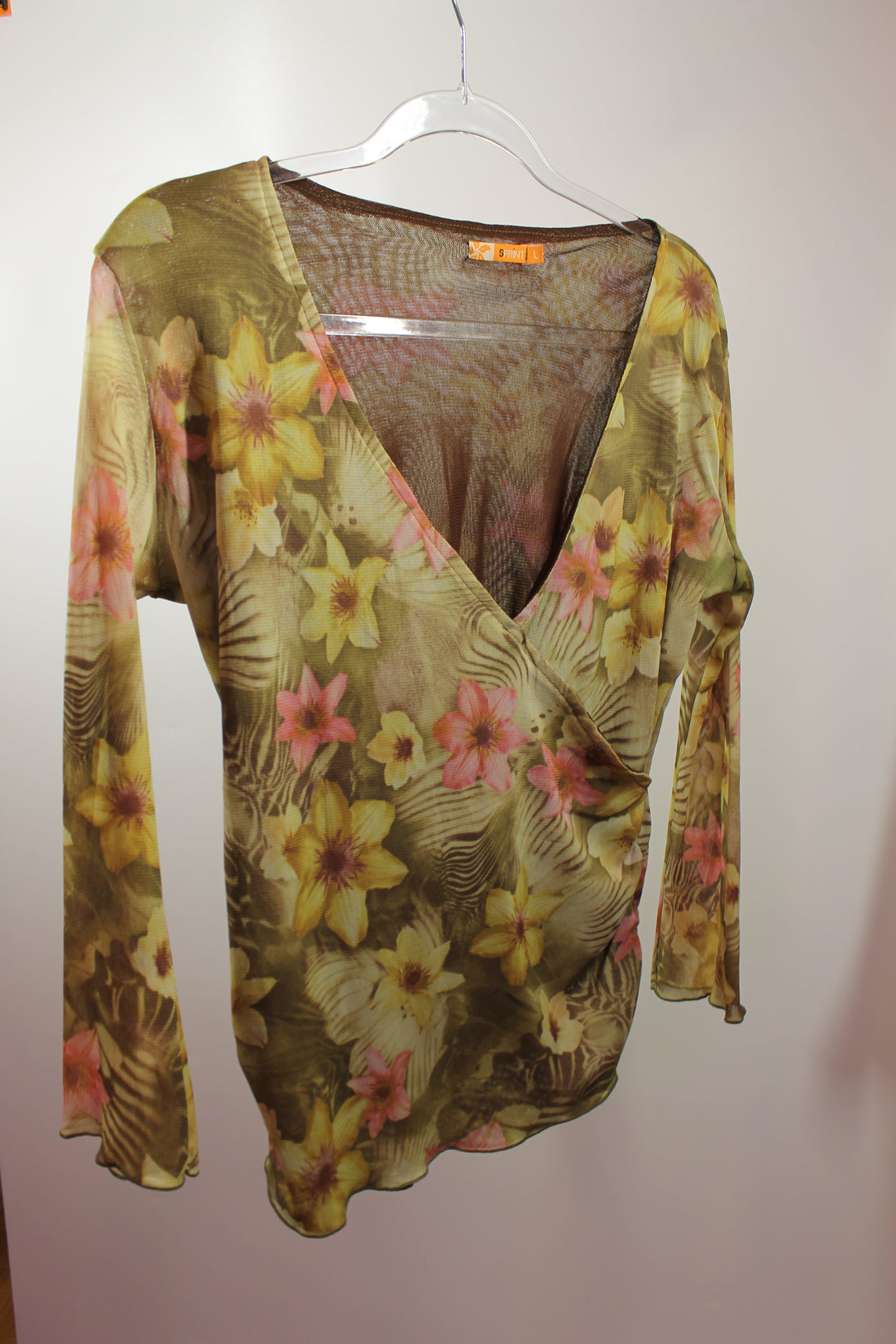 Women's V-Neck Green and Pink Floral Top