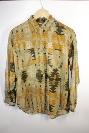 80's Camel Brown Print Button-Up Shirt