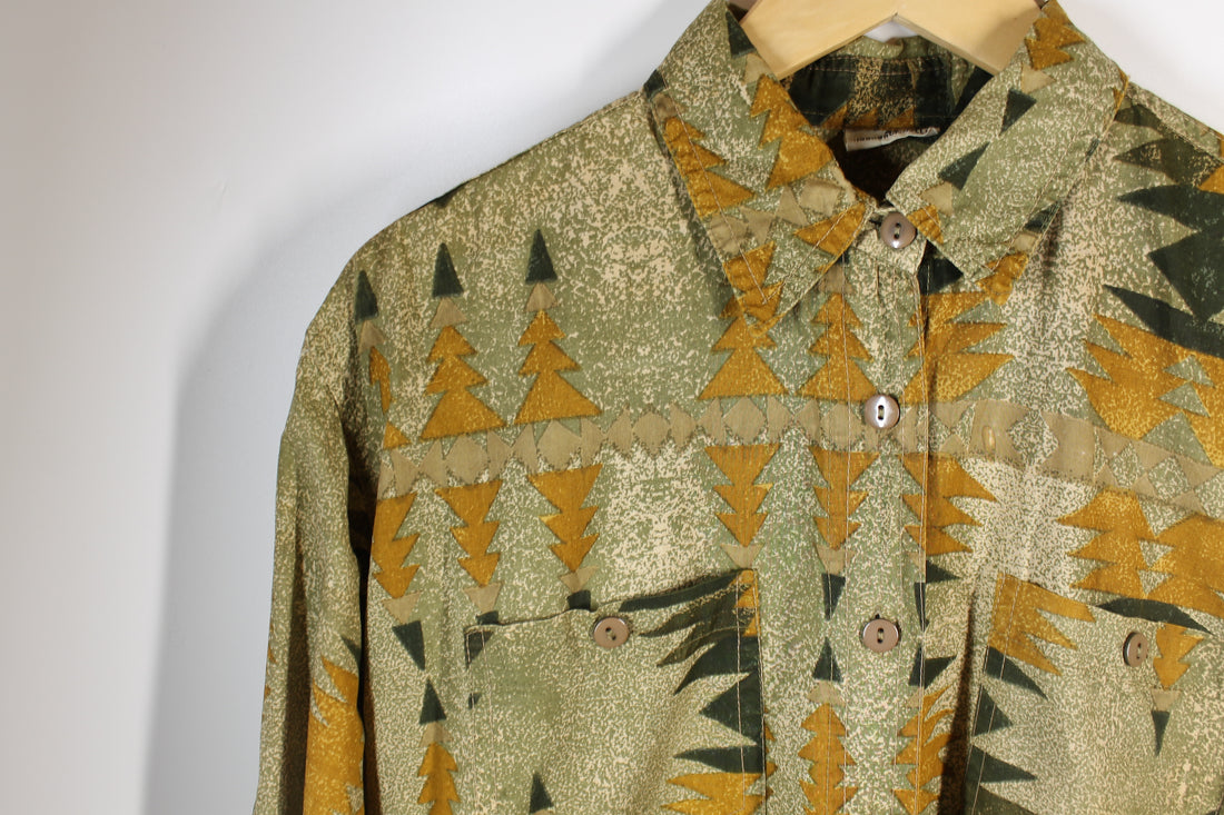 80's Camel Brown Print Button-Up Shirt