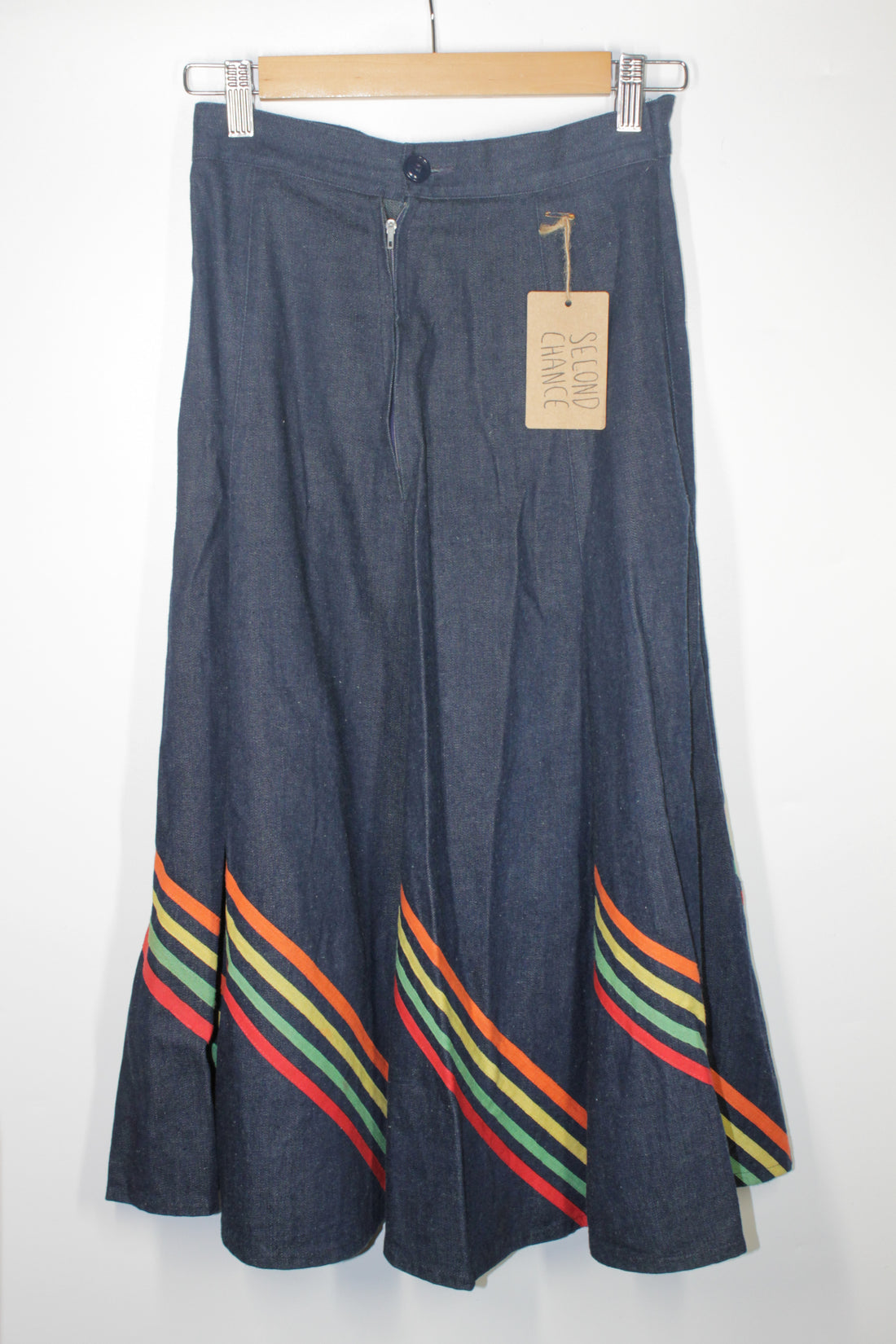 Midi Denim Skirt with Colorful Stripe Detail