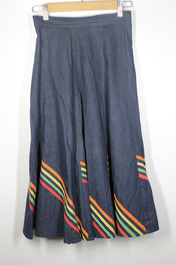 Midi Denim Skirt with Colorful Stripe Detail