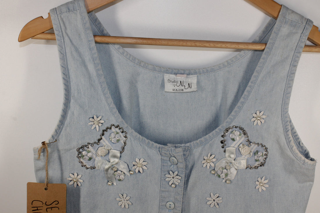 Women's Handcrafted Denim Vest with Pearls