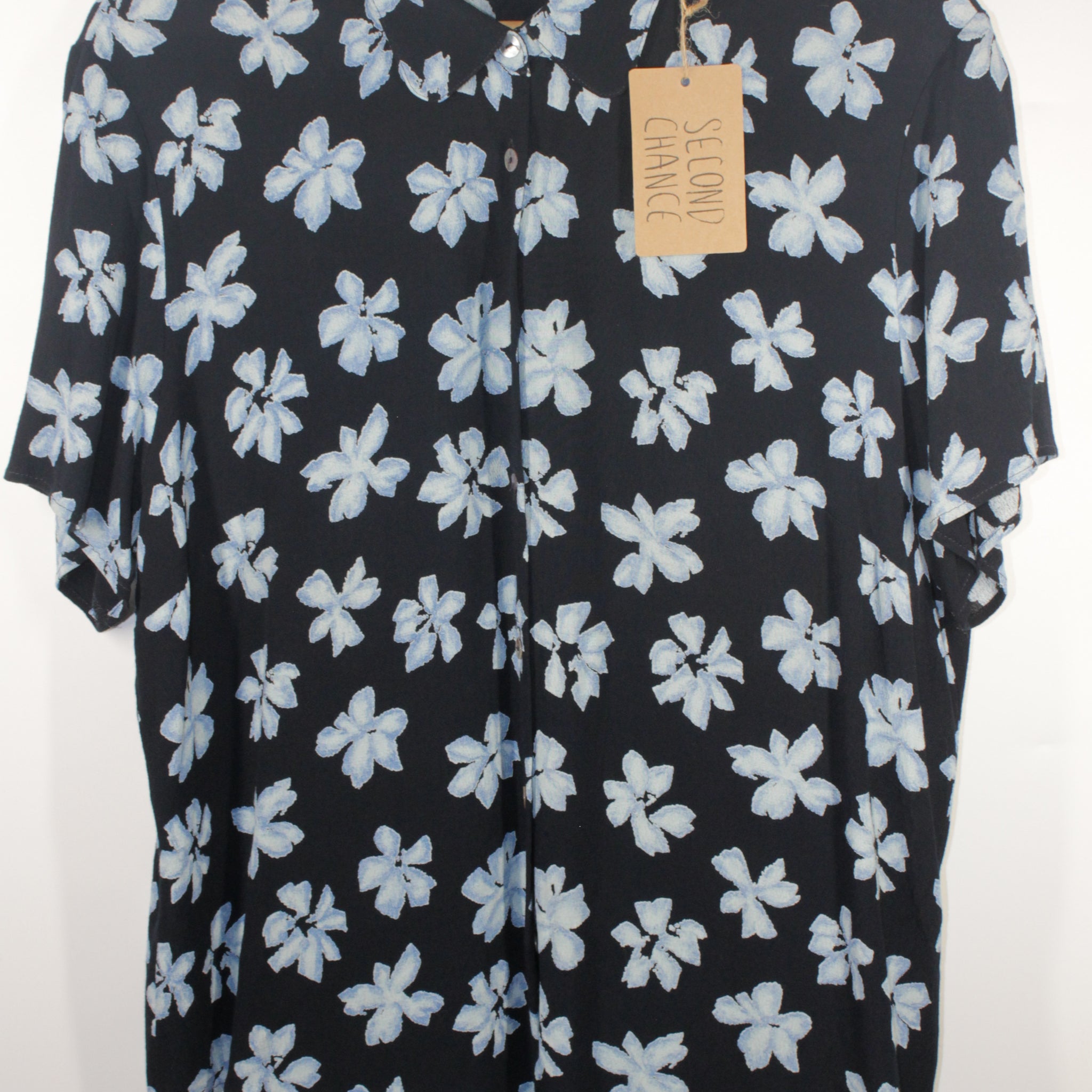 Women's Blue Button-Up Top with Light Blue Flowers