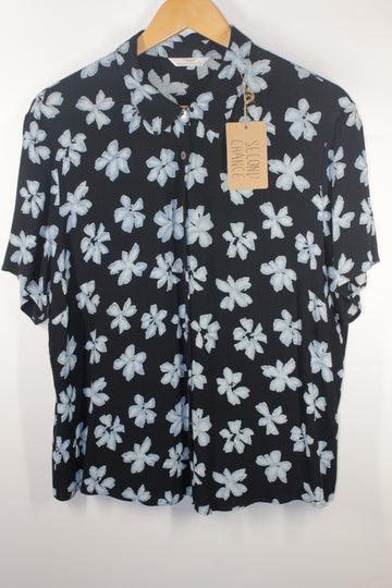 Women's Blue Button-Up Top with Light Blue Flowers