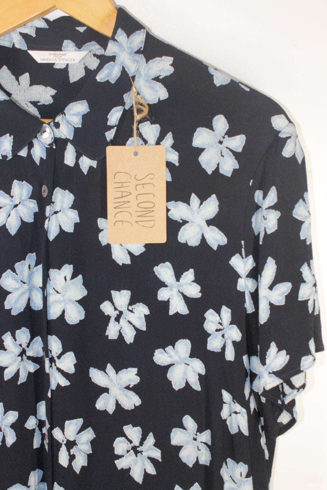 Women's Blue Button-Up Top with Light Blue Flowers